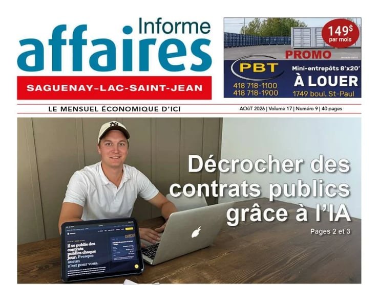 La une d'Informe Affaires, août 2026 : « Décrocher des contrats publics grâce à l'IA » — Jérôme Lapointe et Décroche en couverture